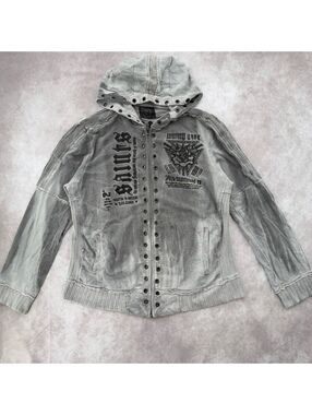 Deadstock y2k Salvage Saints Graphic Zip Up Hoodie Grey Grommet Full Zip L Goth